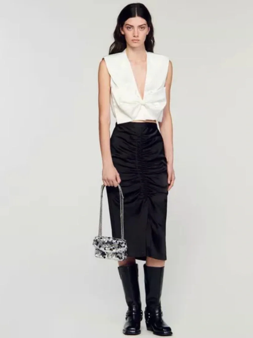 SANDRO Silver Sequin Chain Shoulderw Bag - Elegant Evening Crossbody